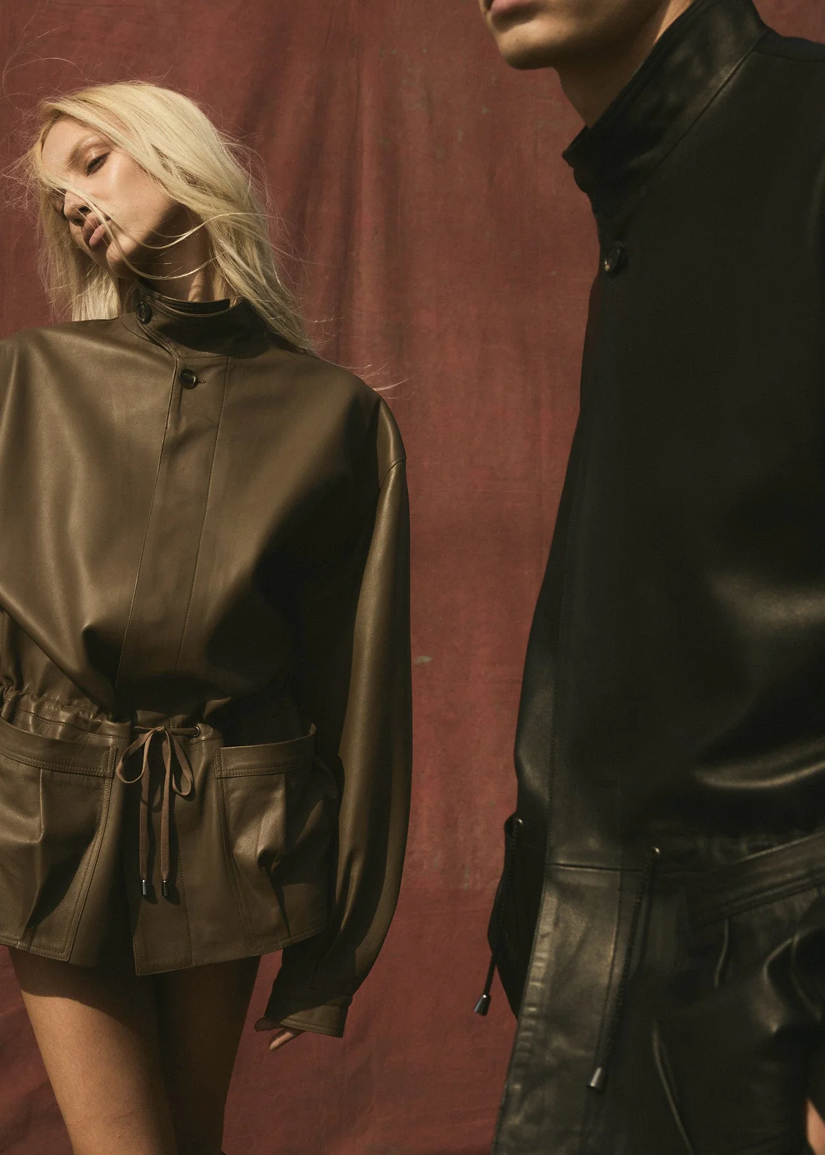 DRAWSTRING LEATHER JACKET - Coffee - Image 4