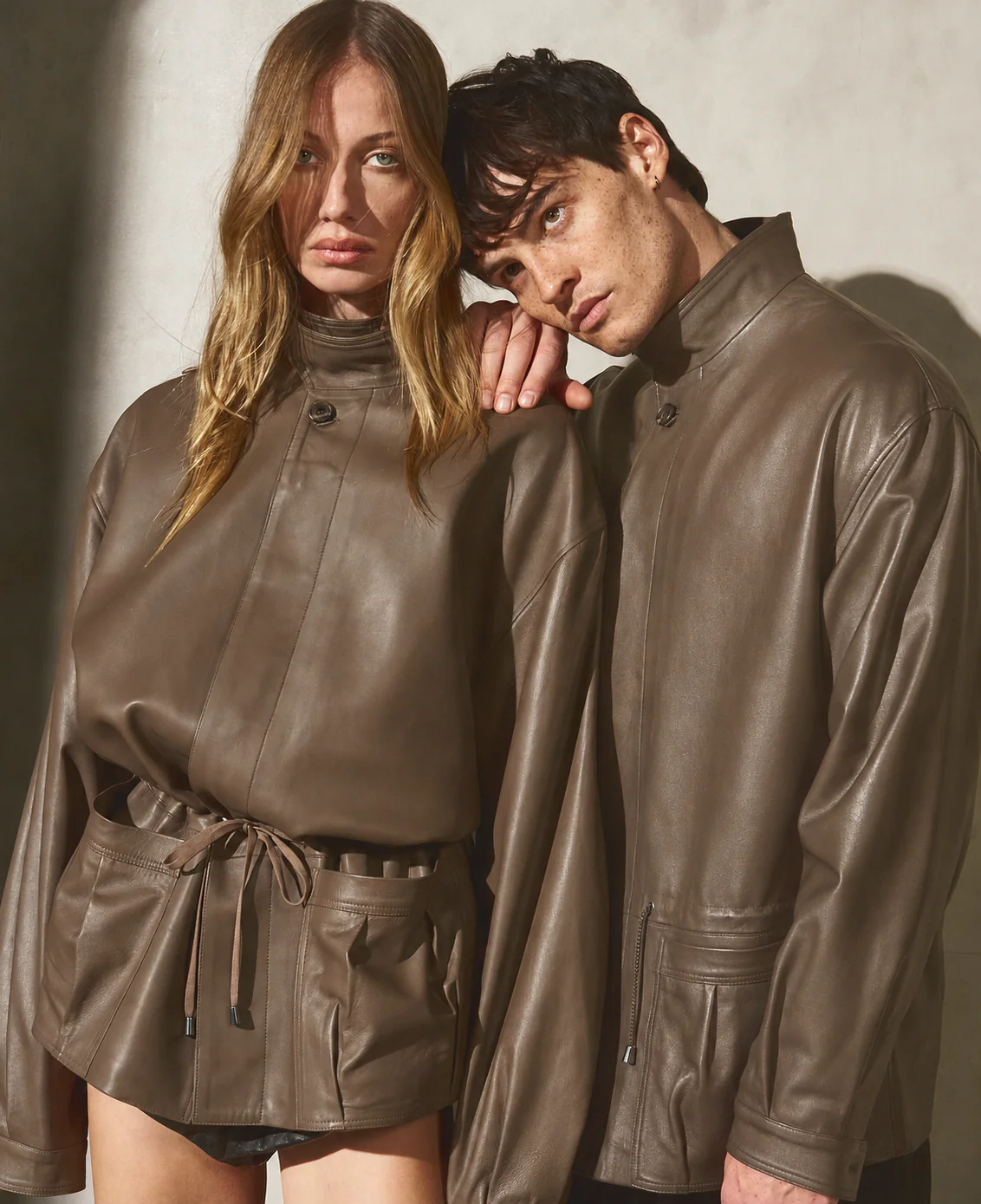 DRAWSTRING LEATHER JACKET - Coffee - Image 9